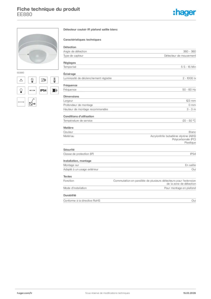 Image Hager Fiche technique du produit EE880 | Hager France