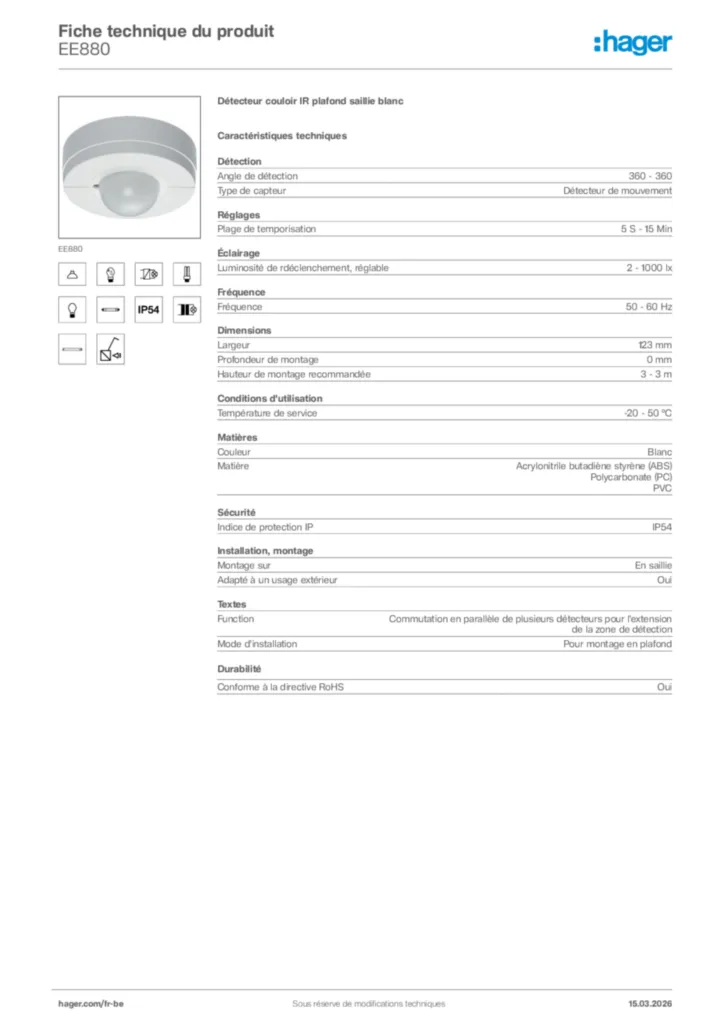 Image Hager Fiche technique du produit EE880 | Hager Belgique