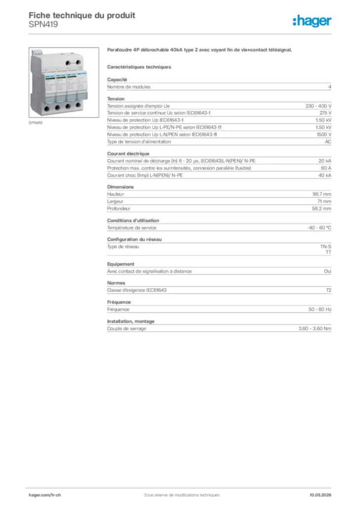 Image Hager Fiche technique du produit SPN419 | Hager Suisse