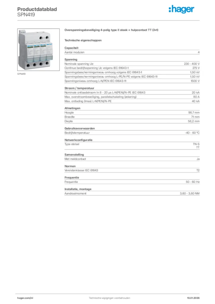 Afbeelding Hager Productdatablad SPN419 | Hager Nederland