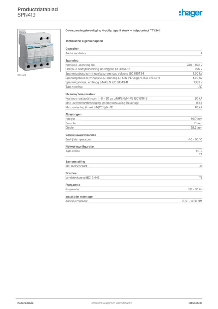 Afbeelding Hager Productdatablad SPN419 | Hager Nederland