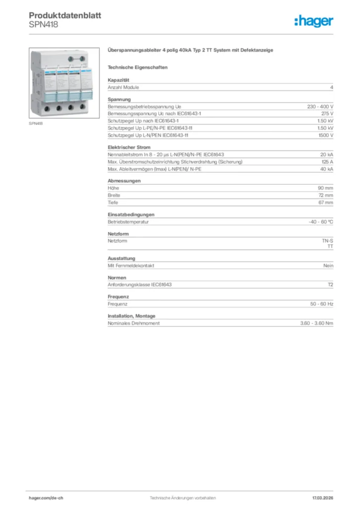 Bild Hager Produktdatenblatt SPN418 | Hager Schweiz