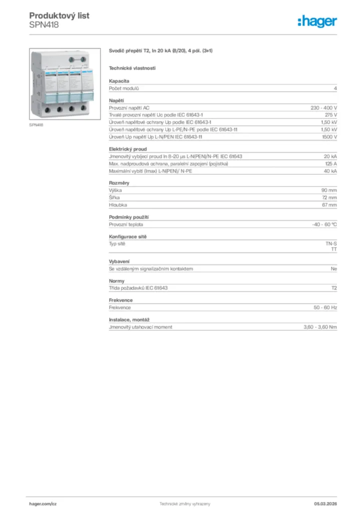 Obrázek Hager Product data sheet SPN418 | Hager