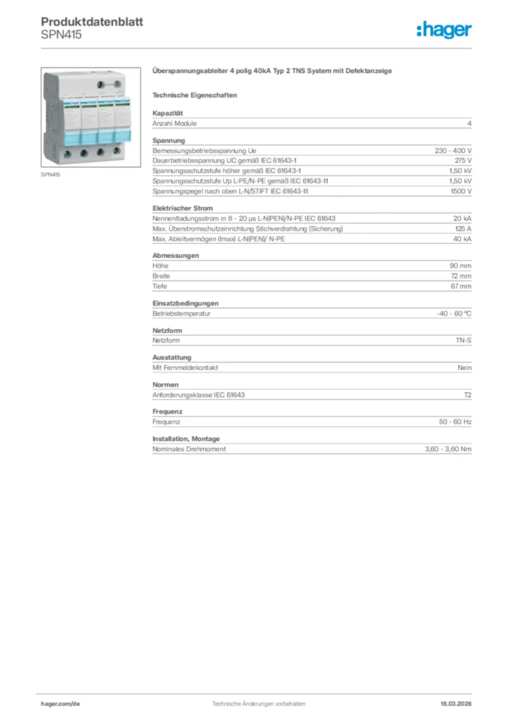 Bild Hager Produktdatenblatt SPN415 | Hager Deutschland