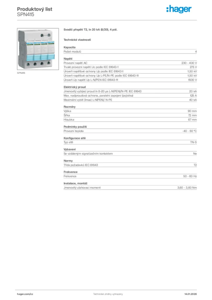 Obrázek Hager Product data sheet SPN415 | Hager