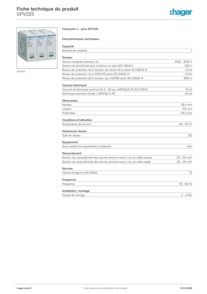 Image Hager Fiche technique du produit SPV025 | Hager France