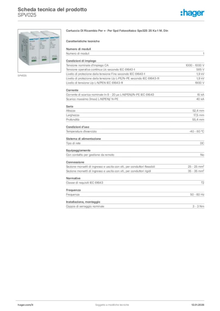 Immagine Hager Scheda tecnica del prodotto SPV025 | Hager Italia