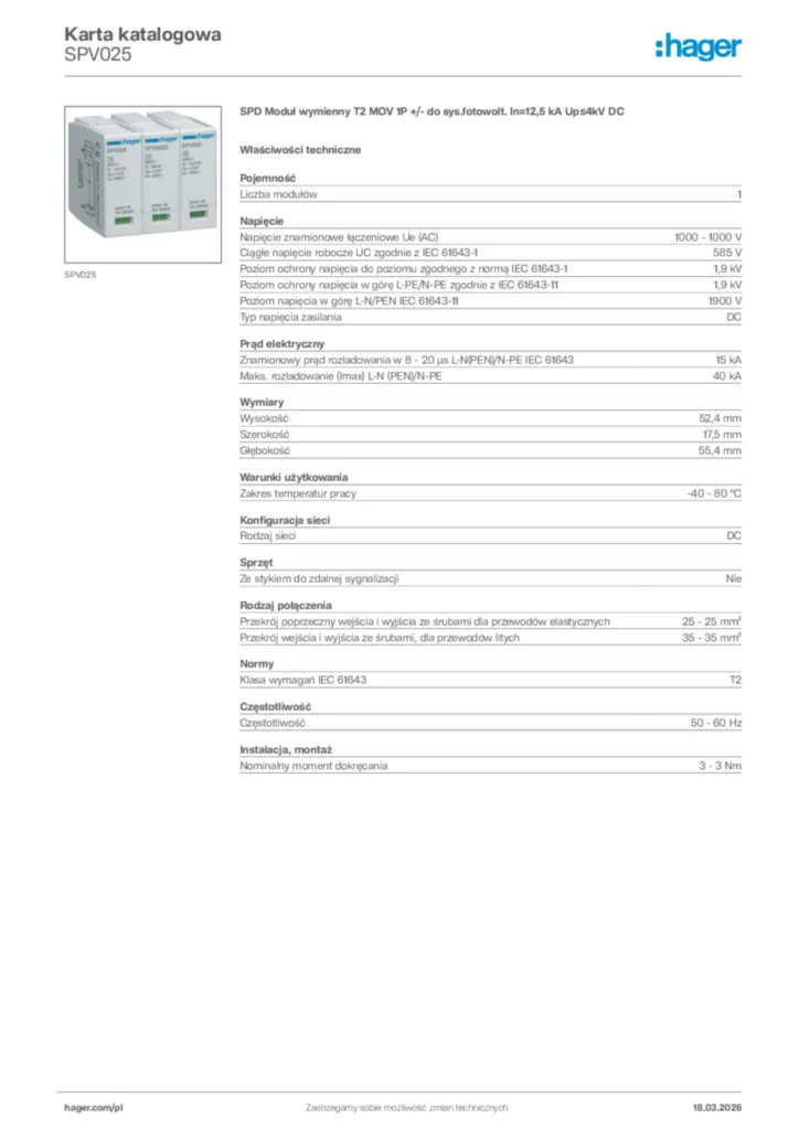 Zdjęcie Hager Karta katalogowa SPV025 | Hager Polska
