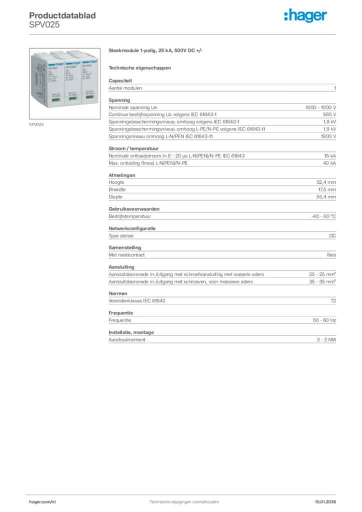Afbeelding Hager Productdatablad SPV025 | Hager Nederland