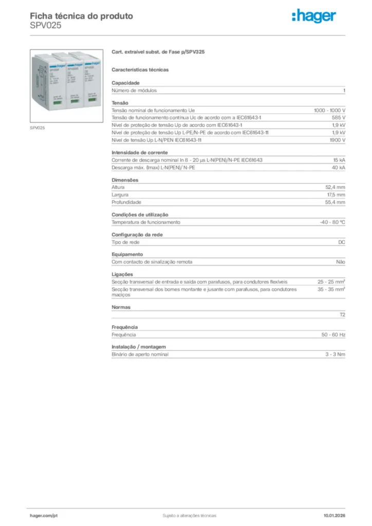 Imagem Hager Ficha técnica do produto SPV025 | Hager Portugal