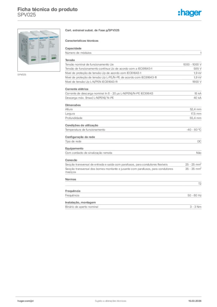 Imagem Hager Ficha técnica do produto SPV025 | Hager Portugal