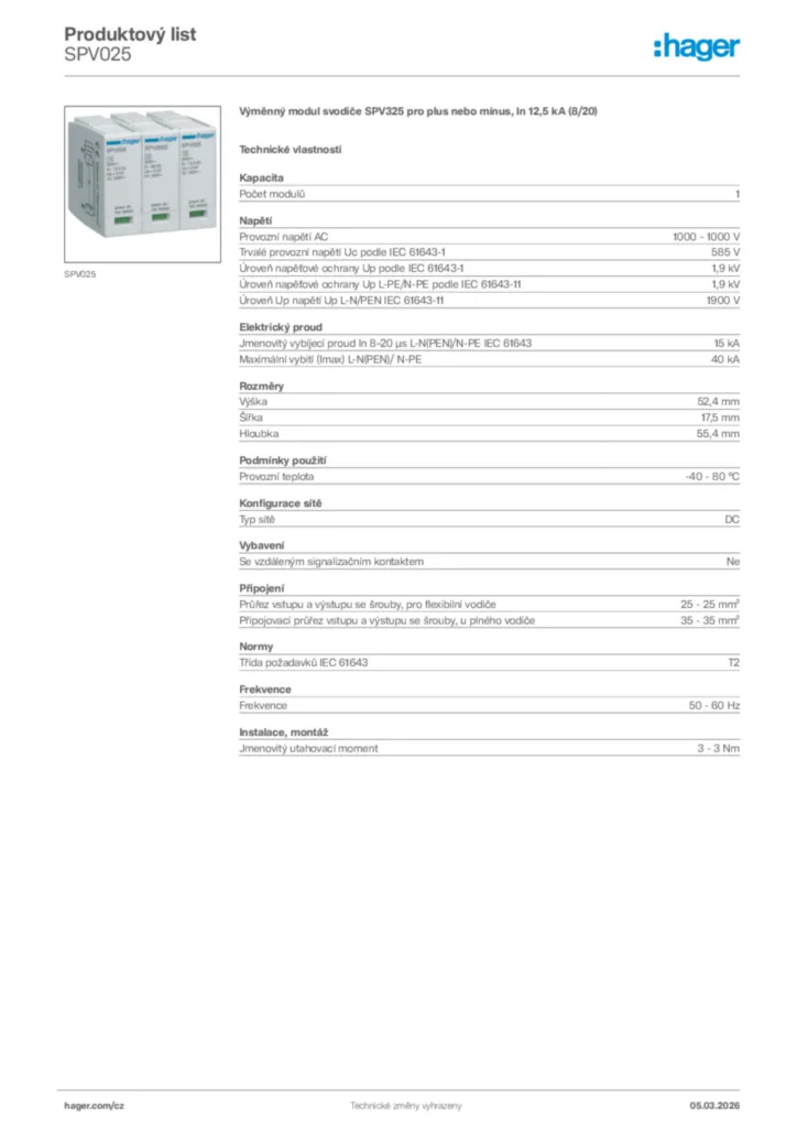 Obrázek Hager Product data sheet SPV025 | Hager