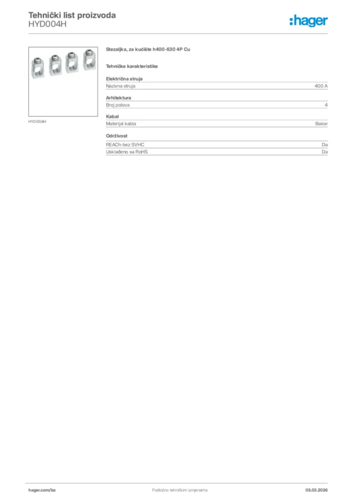 Slika Hager Tehnički list proizvoda HYD004H  | Hager