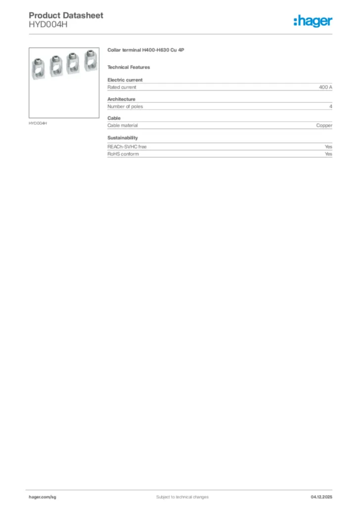 Image Hager Product data sheet HYD004H  | Hager