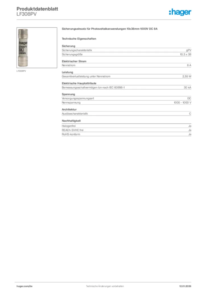 Bild Hager Produktdatenblatt LF308PV | Hager Deutschland