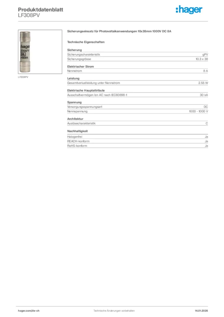 Bild Hager Produktdatenblatt LF308PV | Hager Schweiz