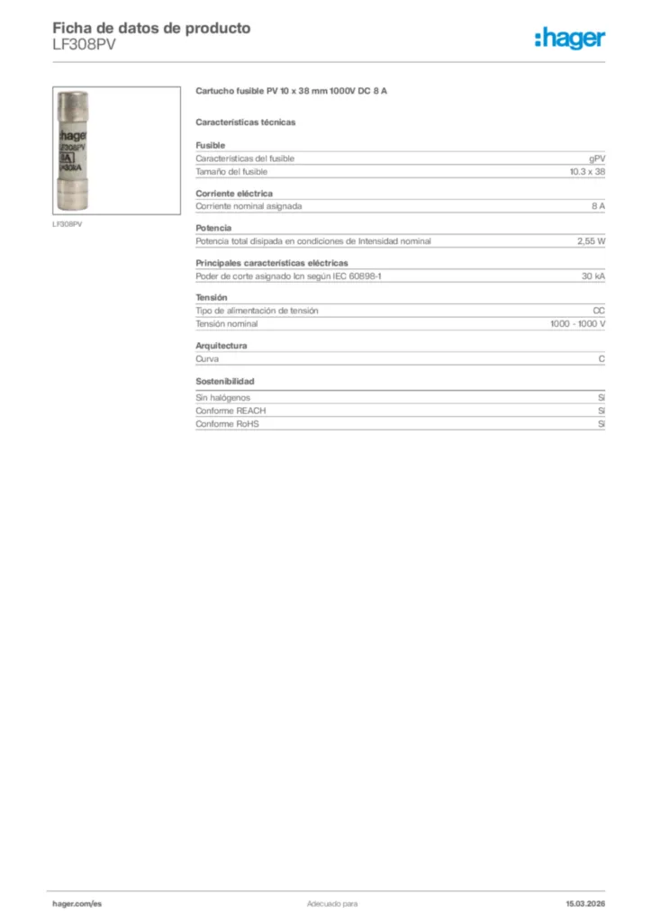 Imagen Hager Ficha de datos de producto LF308PV | Hager España