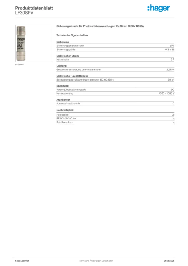 Bild Hager Produktdatenblatt LF308PV | Hager Deutschland