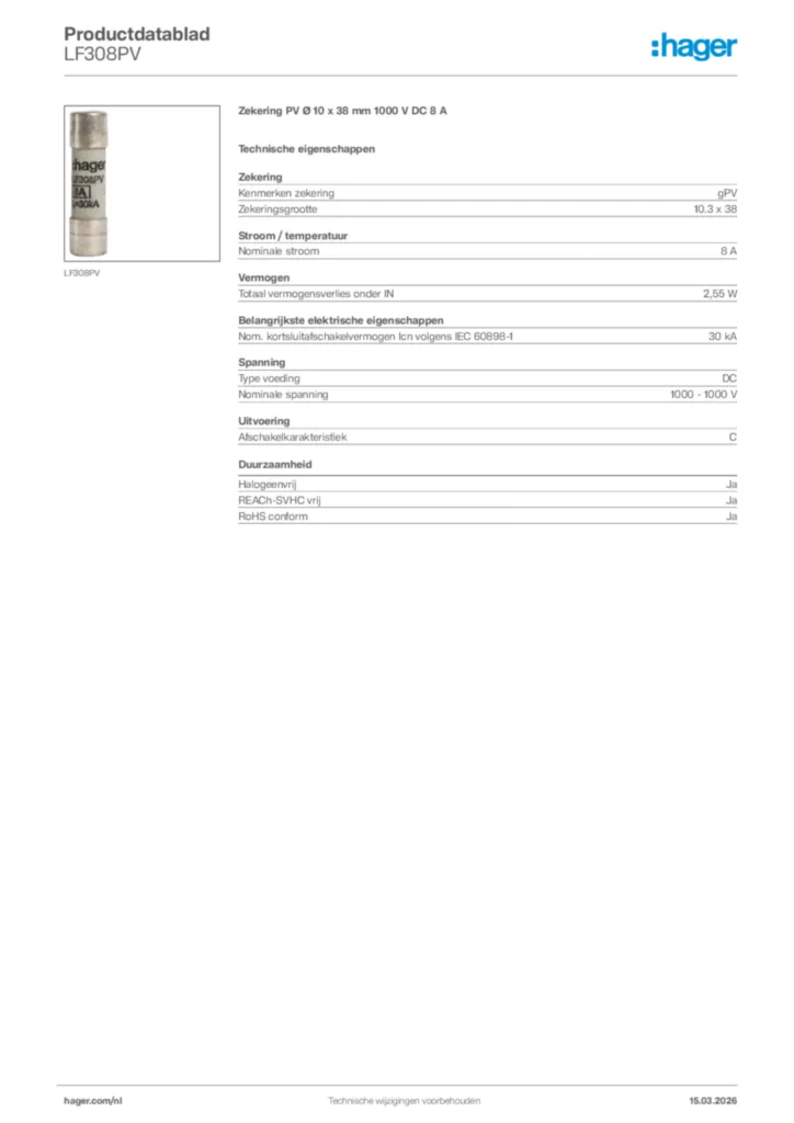 Afbeelding Hager Productdatablad LF308PV | Hager Nederland
