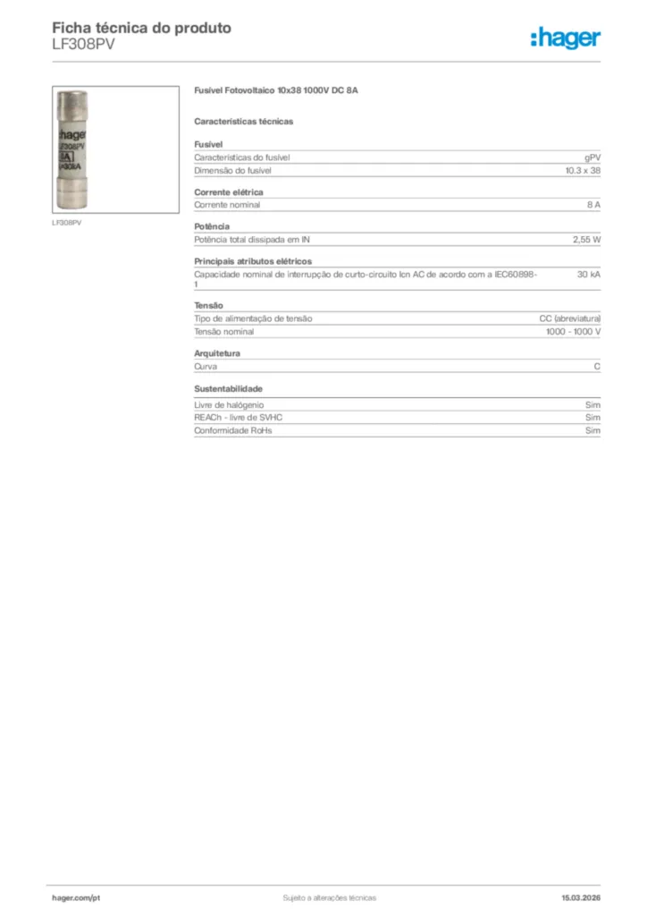 Imagem Hager Ficha técnica do produto LF308PV | Hager Portugal