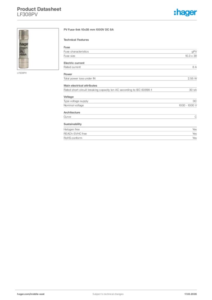 Image Hager Product data sheet LF308PV  | Hager