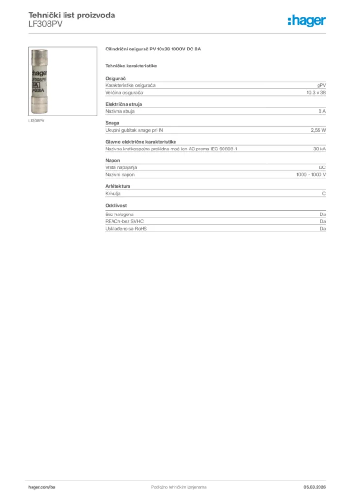 Slika Hager Tehnički list proizvoda LF308PV  | Hager