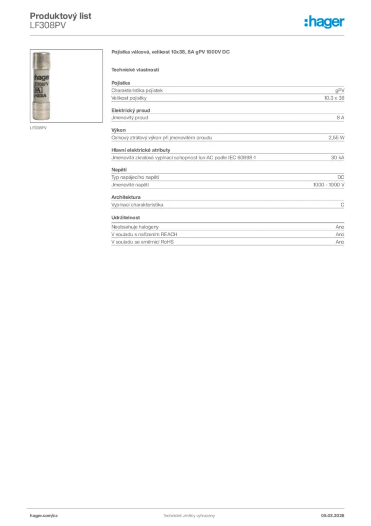 Obrázek Hager Product data sheet LF308PV | Hager
