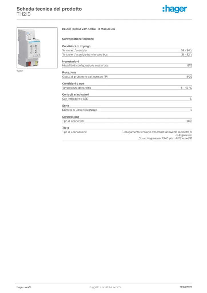Immagine Hager Scheda tecnica del prodotto TH210 | Hager Italia
