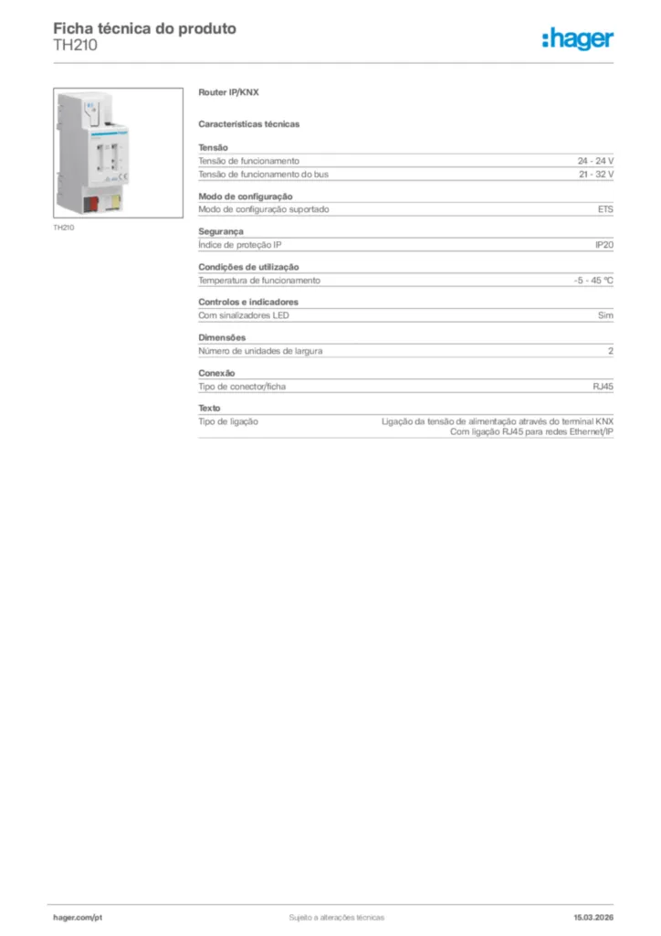 Imagem Hager Ficha técnica do produto TH210 | Hager Portugal