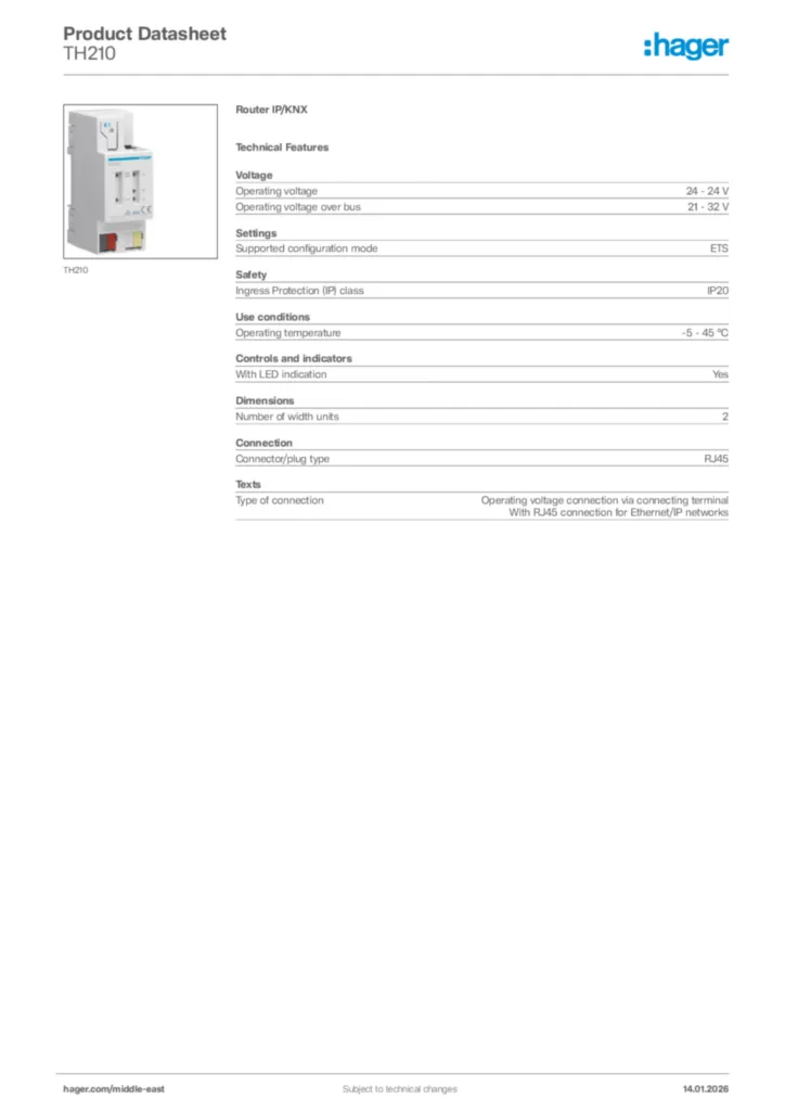 Image Hager Product data sheet TH210  | Hager
