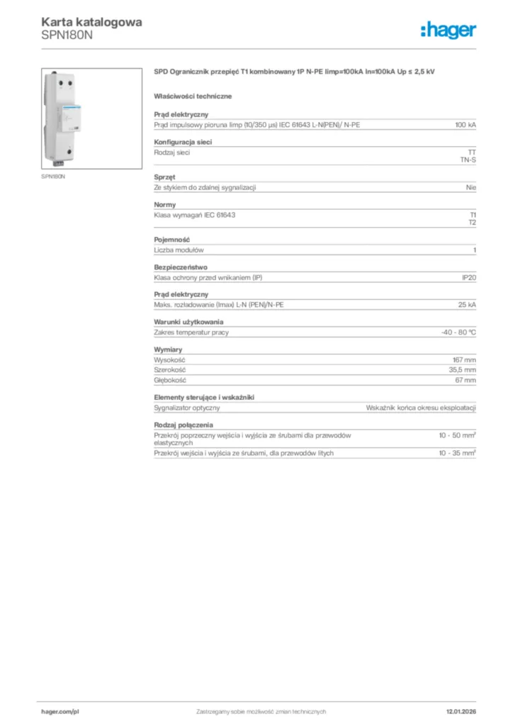 Zdjęcie Hager Karta katalogowa SPN180N | Hager Polska