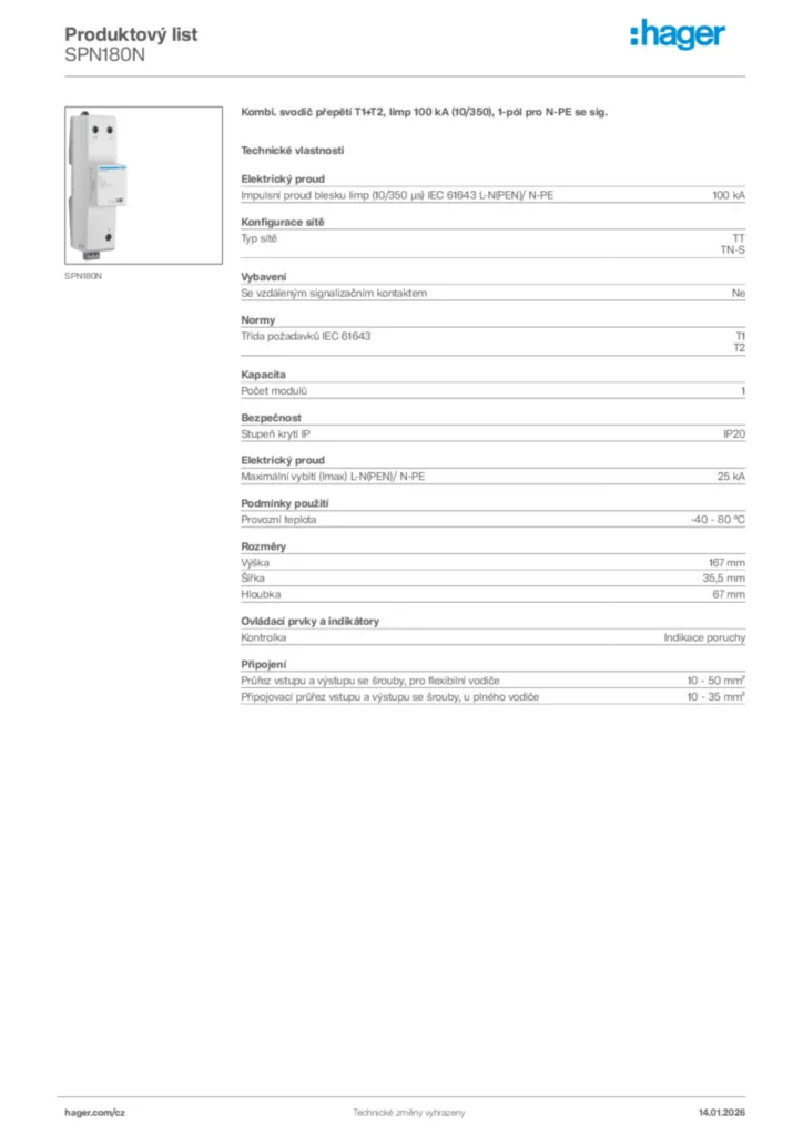 Obrázek Hager Product data sheet SPN180N | Hager