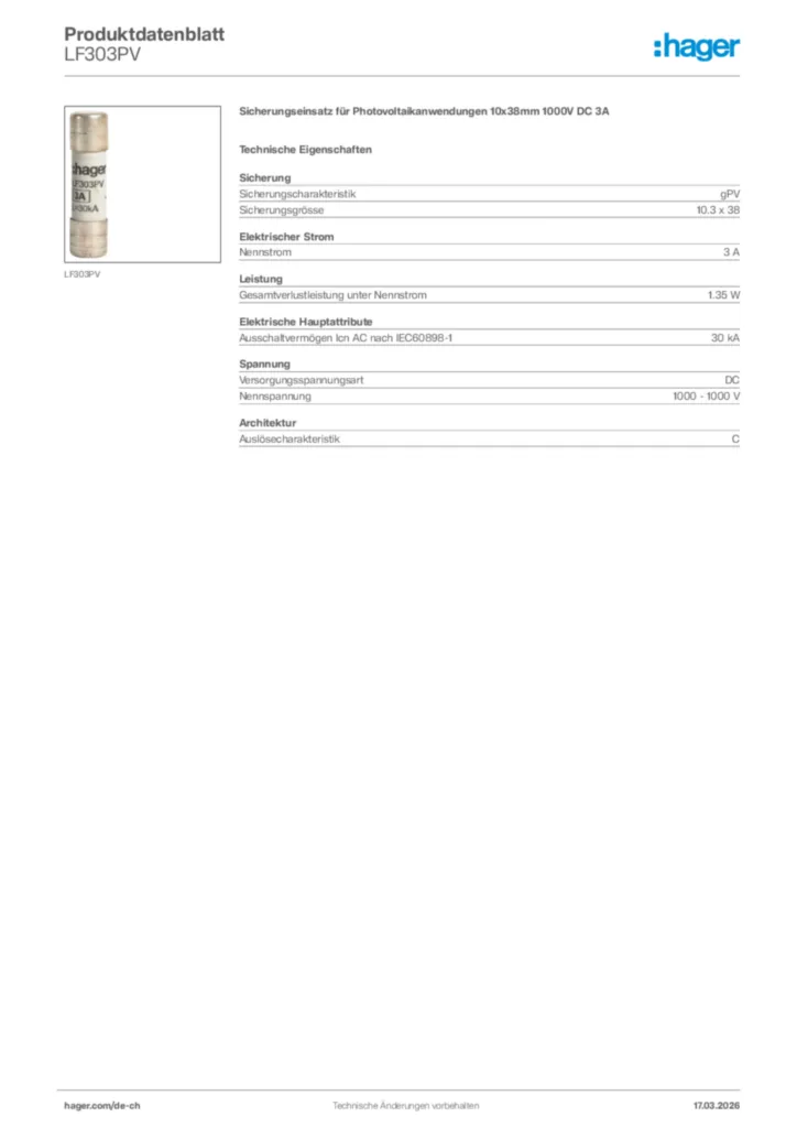 Bild Hager Produktdatenblatt LF303PV | Hager Schweiz