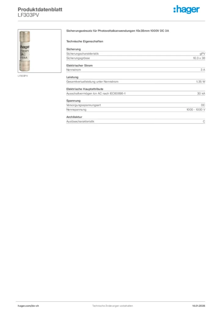 Bild Hager Produktdatenblatt LF303PV | Hager Schweiz