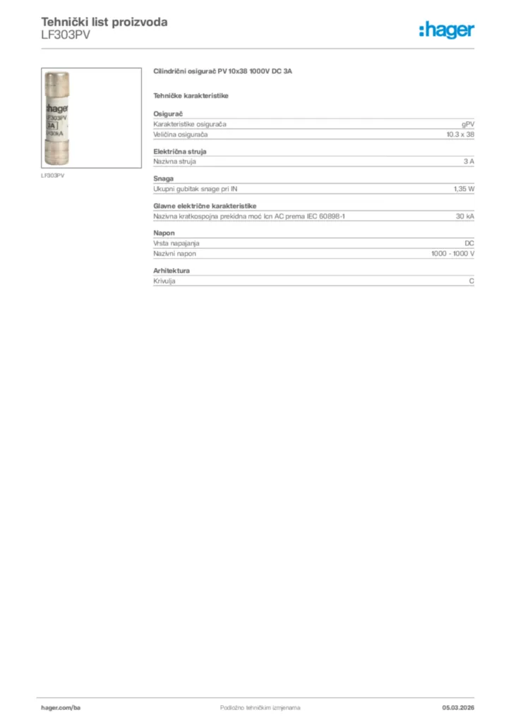 Slika Hager Tehnički list proizvoda LF303PV  | Hager
