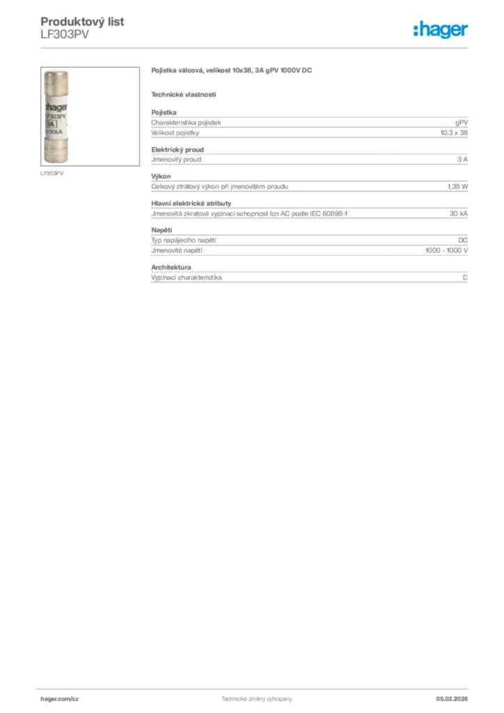 Obrázek Hager Product data sheet LF303PV | Hager