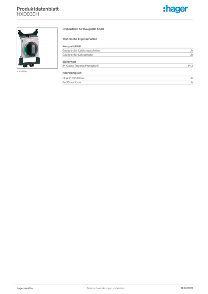 Bild Hager Produktdatenblatt HXD030H | Hager Deutschland