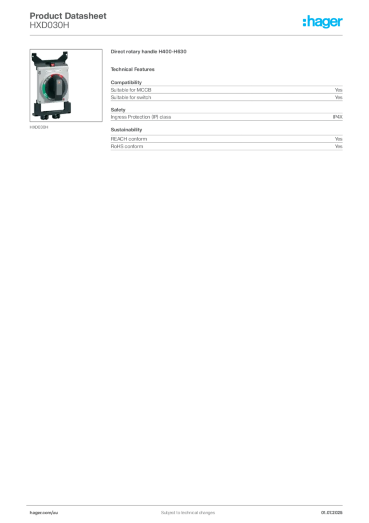 Image Hager Product data sheet HXD030H  | Hager Australia