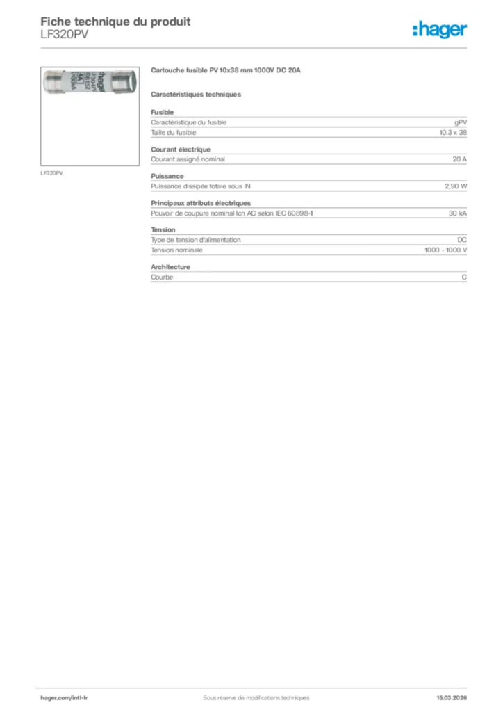 Image Hager Fiche technique du produit LF320PV | Hager Afrique