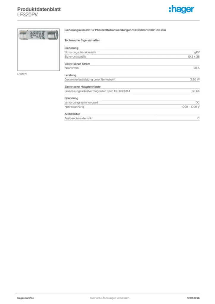 Bild Hager Produktdatenblatt LF320PV | Hager Deutschland