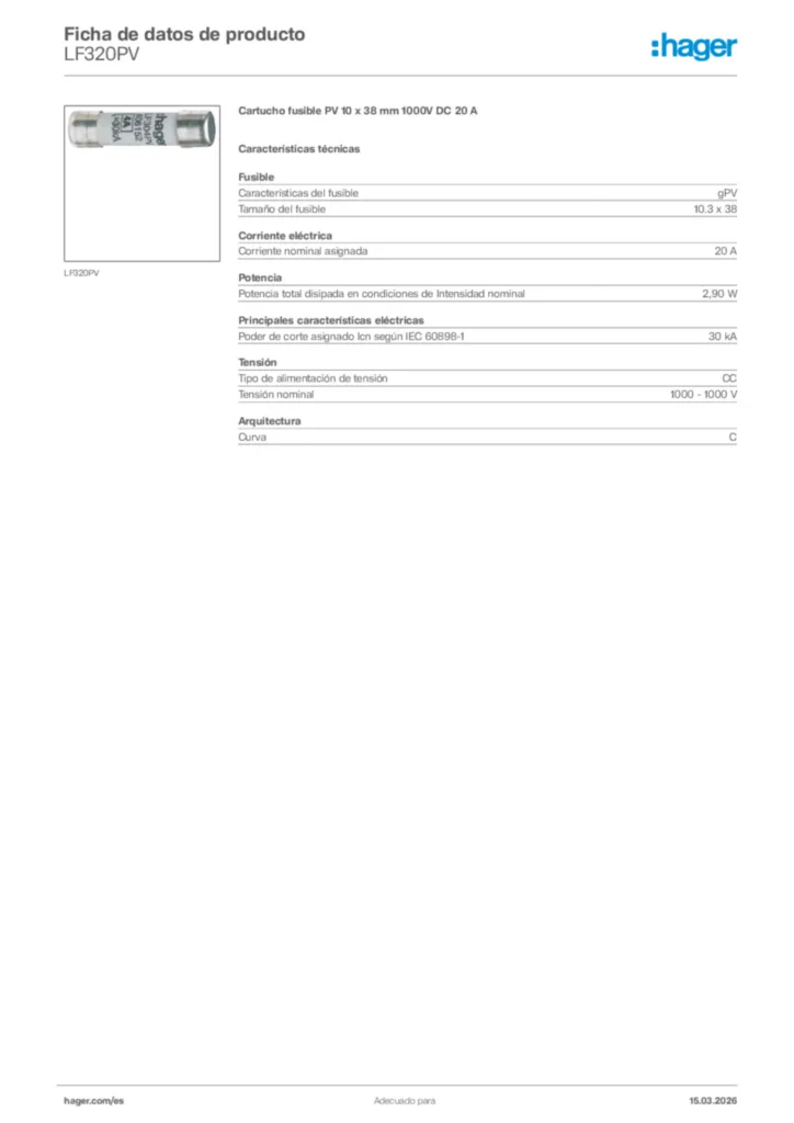 Imagen Hager Ficha de datos de producto LF320PV | Hager España