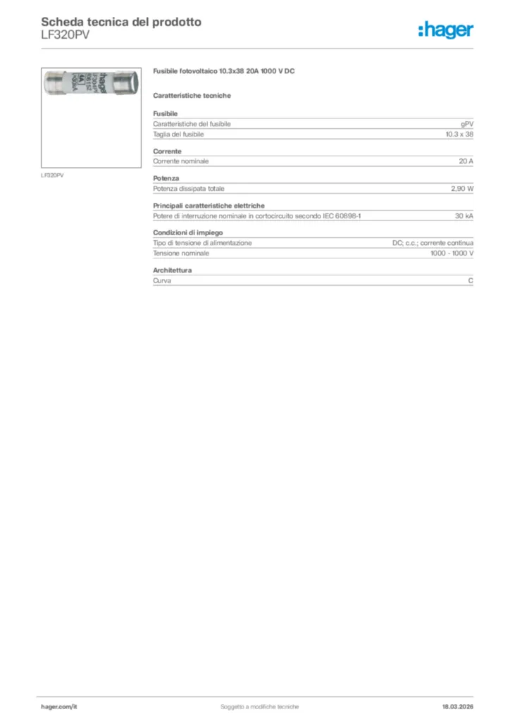 Immagine Hager Scheda tecnica del prodotto LF320PV | Hager Italia