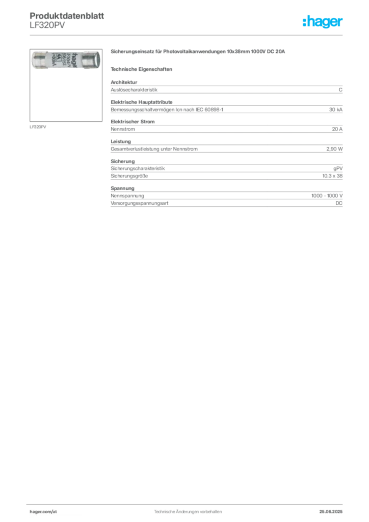 Bild Hager Produktdatenblatt LF320PV | Hager Deutschland