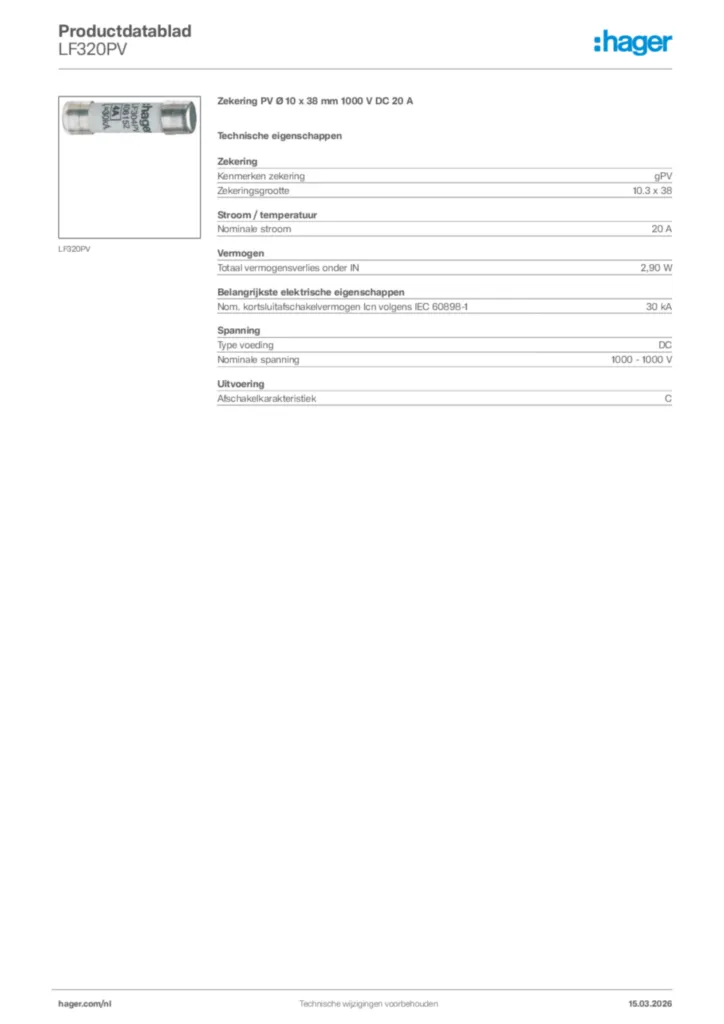 Afbeelding Hager Productdatablad LF320PV | Hager Nederland
