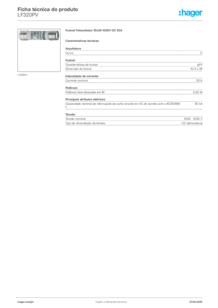 Imagem Hager Ficha técnica do produto LF320PV | Hager Portugal
