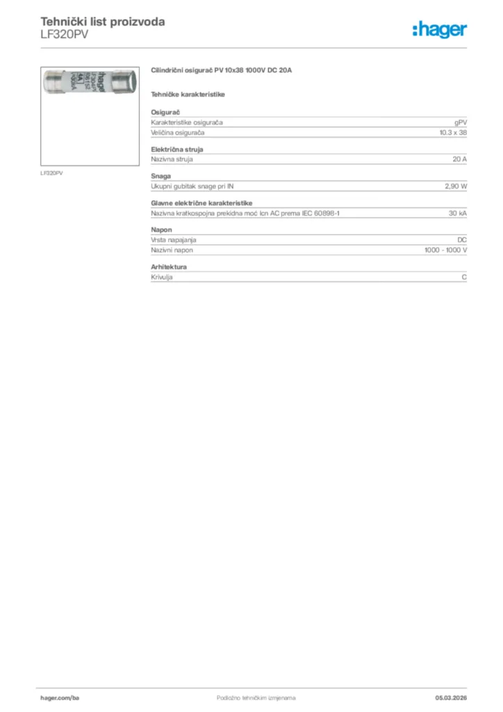 Slika Hager Tehnički list proizvoda LF320PV  | Hager