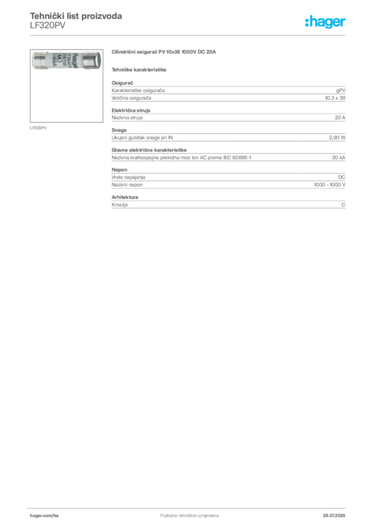 Slika Hager Product data sheet LF320PV  | Hager