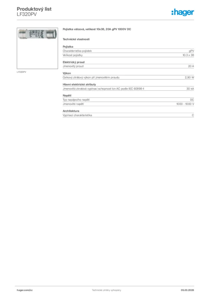 Obrázek Hager Product data sheet LF320PV | Hager