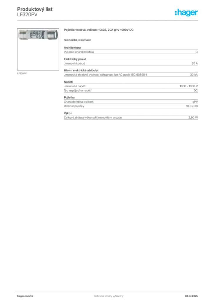 Obrázek Hager Produktový list LF320PV | Hager