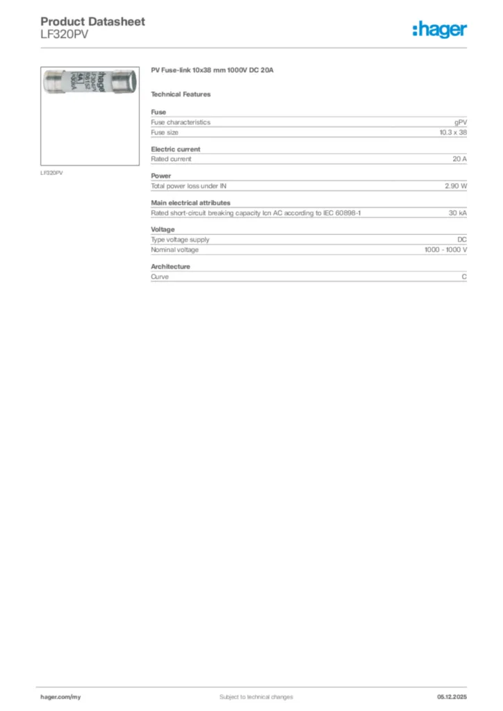 Image Hager Product data sheet LF320PV  | Hager